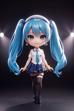 ((1 person)), Hatsune Miku, petite girl, full body, (chibi:1.3), 3D figure girl, green hair, twin tails, beautiful girl with great attention to detail, beautiful and delicate eyes, detailed face, beautiful eyes, wicked smile, y, SuiseiBase, plaid beret, crown, blue star choker, star earrings, blue ascot, plaid jacket, plaid skirt, layered skirt, partially fingerless gloves, star bracelet, uneven legwear, thigh strap, on stage, spotlights, , dynamic beautiful pose, dynamic pose, gothic architecture, natural light, ((realistic)) quality: 1.2), dynamic distance shot, cinematic lighting, perfect composition, super detail, official art, masterpiece, (best) quality: 1.3), reflection, high resolution CG Unity 8K wallpaper, detailed background, masterpiece, (photorealistic): 1.2), random angle, chibi, full body, mikdef,READ THE DESCRIPTION