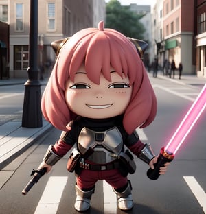 masterpiece, top quality, high resolution, PVC, render, chibi, high resolution, single woman, Anya Forger, pink hair, bob hair, Mandalorian costume, no helmet, pink Mandalorian armor, lightsaber, holding lightsaber, grey eyes, smiling, selfish target, chibi, prohibition era streetscape, smiling, grinning, self-satisfied, full body, chibi, 3d figure, toy, doll, character print, front view, natural light, ((realistic)) 1.2)), dynamic pose, medium movement, perfect cinematic perfect lighting, perfect composition, Anya Forger's Spy x Family, StarWMandalorian