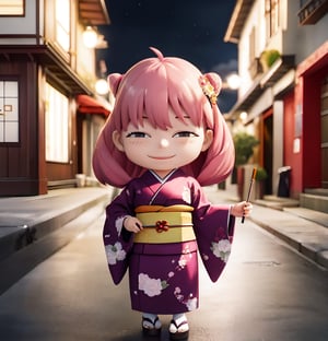 masterpiece, top quality, high resolution, PVC, render, chibi, high resolution, single woman, Anya Forger, pink hair, bob hair, purple kimono, holding purple bouquet, grey eyes, smiling, selfish target, chibi, Mediterranean cityscape, smiling, smiling, self-satisfied, full body, chibi, 3d figure, toy, doll, character print, front view, natural light, ((realistic)) 1.2)), dynamic pose, medium movement, perfect cinematic perfect lighting, perfect composition, Anya Forger spy x family, glowing, night sky,