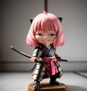 Masterpiece, Top Quality, High Resolution, PVC, Rendering, Chibi, High Resolution, 1 Girl, solo, Anya Forger, Pink Hair, Bob Hair, Japanese Warring States Period Samurai, Wearing Traditional Samurai Armor, pink Samurai Armor, holding sword, female action poses, Gray Eyes, Smile, Selfish Target, Chibi, Mediterranean Cityscape, Smile, Smile, Self-righteousness, Full Body, Chibi, 3D Figure, Toy, Doll, Character Print, Front View, Natural Light, ((Real)) 1.2)), dynamic pose, medium movement, perfect cinematic perfect lighting, perfect composition, anya_forger_spyxfamily, samurai,holding sword,armor,battoujutsu