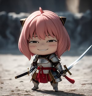 Masterpiece, Top Quality, High Resolution, PVC, Rendering, Chibi, High Resolution, 1 Girl, solo, Anya Forger, Pink Hair, Bob Hair, Japanese Warring States Period Samurai, Wearing Traditional Plate Armor,  Samurai Armor, holding sword, female action poses, Gray Eyes, Smile, Selfish Target, Chibi, Mediterranean Cityscape, Smile, Smile, Self-righteousness, Full Body, Chibi, 3D Figure, Toy, Doll, Character Print, Front View, Natural Light, ((Real)) 1.2)), dynamic pose, medium movement, perfect cinematic perfect lighting, perfect composition, anya_forger_spyxfamily, knight,holding sword,armor,battoujutsu,Cuteselfiesposes,xuer plate armor