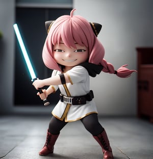 masterpiece, top quality, high resolution, PVC, render, chibi, high resolution, single woman, Anya Forger, pink hair, bob hair,  JediOutfit, robe, belt, boots, holding Blue lightsaber, single braid, side braid, hood up, vambraces, black gloves, belt, holding Blue lightsaber, fighting stance, brown shirt, greaves, grey eyes, smiling, selfish target, chibi, prohibition era streetscape, smiling, grinning, self-satisfied, full body, chibi, 3d figure, toy, doll, character print, front view, natural light, ((realistic)) 1.2)), dynamic pose, medium movement, perfect cinematic perfect lighting, perfect composition, Anya Forger spy x family, JediStyle,JediOutfit