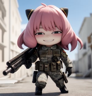 Masterpiece, highest quality, high resolution, PVC, rendering, chibi, high resolution, one girl, Anya Forger, pink hair, bob hair, military uniform, taskforce, weapon, gun, military  assault rifle,  holding weapon, digitalcamouflage,gloves,military vehicle, , gray eyes, smile, Selfish Target, Chibi, Mediterranean Cityscape, Smile, Smile, Self-Justice, Full Body, Chibi, 3D Figure, Toy, Doll, Character Print, Front View, Natural Light, ((Real)) 1.2)), Dynamic Pose, Medium movement, perfect cinematic perfect lighting, perfect composition,  anya_forger_spyxfamily,,Military