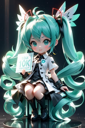 ((1 woman)), (Hatsune Miku with holding a sign, text"10K", text as "10K":1.4), petite girl, full body, chibi, 3D figure girl, green hair, twintails, solo, 1girl, worldisminemiku, smirk, looking at viewer, sitting, crossed legs, throne, twintails, hair ribbon, white dress, short sleeves, black thighhighs, reflection, high resolution CG Unity 8K wallpaper, detailed background, masterpiece, (photorealistic) : 1.2), random angle, ((black trench dress, : 1.4)), side angle, chibi, full body, mikdef,style_brush,style_bebas,text as "",3d figure,Text