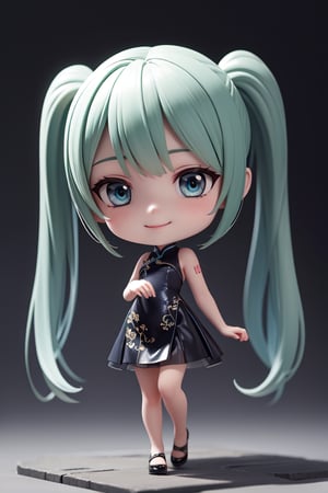 ((1 woman)), Hatsune Miku, petite girl, full body, chibi, 3D figure girl, green hair, twin tails, beautiful girl with great detail, beautiful delicate eyes, detailed face, beautiful eyes, chibi, (evil smile: 1.2), white cheongsam, starry black background, female action pose, detail, dynamic dance pose, dynamic pose, gothic architecture, natural light, ((realistic)) quality: 1.2), dynamic distance shot, cinematic lighting, perfect composition, super detail, official art, masterpiece, (best) quality: 1.3), reflection, high resolution CG Unity 8K wallpaper, detailed background, masterpiece, (photorealistic): 1.2), random angle, side angle, chibi, full body, Mikdef, destiny /(takt op./), cheongsam