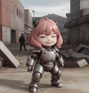 masterpiece, best quality, high resolution, PVC, render, chibi, high resolution, single woman, Anya Forger, pink hair, bob hair, without a helmet on, standing in a burning forest, fully armored with helmet on, (shiny armor:1.1), graffiti background, grey eyes, smiling, selfish target, fighting stance, chibi, prohibition era city, smiling, grinning, self-satisfied, full body, chibi, 3d figure, toy, doll, character print, front view, natural light, ((realistic)) 1.2)), dynamic pose, medium movement, perfect cinematic perfect lighting, perfect composition, Anya Forger Spy x Family, , spider_oc,cassandra