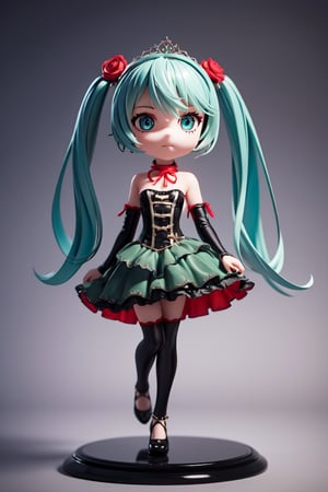 ((1 female)), Hatsune Miku, petite girl, full body, chibi, 3D figure little girl, green hair, twin tails, beautiful girl with attention to detail, beautiful delicate eyes, detailed face, beautiful eyes,neck ribbon, crown of thorns, thorns, (red cape, dress flower), detached sleeves, hair flower, hair ornament, long sleeves, black corset, long skirt, green dress, rose, strapless dress, long skirt, thighhighs, thighlet, green nails, dress flower, black thighhighs, female action poses,  detail, dynamic dancing pose, dynamic pose, Gothic architecture, natural light, ((realistic) ) Quality: 1.2 )), Dynamic Distance Shot, Cinematic Lighting, Perfect Composition, Super Detail, Official Art, Masterpiece, (Best) Quality: 1.3), Reflections, High Resolution CG Unity 8K Wallpaper, Detailed Background, Masterpiece, (Photorealistic): 1.2), Random Angle, Side Angle, Chibi, Full Body, Mikdef,destiny /(takt op./)