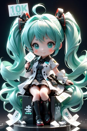 ((1 woman)), (Hatsune Miku with holding a sign, text"10K like", text as "10K like":1.4), petite girl, full body, chibi, 3D figure girl, green hair, twintails, solo, 1girl, worldisminemiku, smirk, looking at viewer, sitting, crossed legs, throne, twintails, hair ribbon, white dress, short sleeves, black thighhighs, reflection, high resolution CG Unity 8K wallpaper, detailed background, masterpiece, (photorealistic) : 1.2), random angle, ((black trench dress, : 1.4)), side angle, chibi, full body, mikdef,style_brush,style_bebas,text as "",3d figure,Text