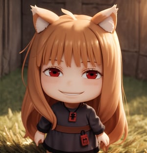 masterpiece, best quality, high resolution, PVC, render, chibi, high resolution, single woman, holo, long hair, brown hair, animal ears, red eyes, wolf tail, necklace, dress, , smiling face, wheat field, selfish target, chibi, smiling face, self-satisfied, full body, chibi, 3D figure, toy, doll, character print, front view, natural light, ((realistic)) 1.2)), dynamic pose, medium movement, perfect cinematic perfect lighting, perfect composition, holo anime2024, one girl,1girl