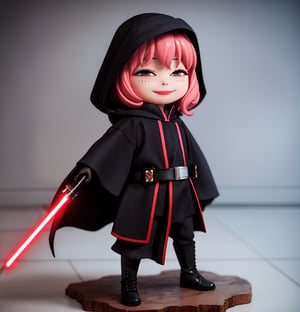 Masterpiece, Best Quality, High Resolution, PVC, Rendering, Chibi, High Resolution, Single Girl, Anya Forger, Pink Hair, Bob Hair, Sith Outfit, Cloak, Robe, Black Gloves, Belt, Hood Down , red lightsaber, lightsaber in hand , gray eyes, smile, selfish target, chibi, Star Wars World, Shin Hati, smile, smile, self-righteousness, full body, chibi, 3D figure, toy, doll, character print, front view, natural light, ((realistic)) quality: 1.2)), dynamic pose, medium movement, cinematic perfect lighting, perfect composition, costume, sith outfit, anya_forger_spyxfamily,sthoutfit