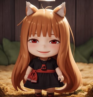 masterpiece, best quality, high resolution, PVC, render, chibi, high resolution, single woman, holo, long hair, brown hair, animal ears, red eyes, wolf tail, necklace, dress, , smiling face, wheat field, selfish target, chibi, smiling face, self-satisfied, full body, chibi, 3D figure, toy, doll, character print, front view, natural light, ((realistic)) 1.2)), dynamic pose, medium movement, perfect cinematic perfect lighting, perfect composition, holo anime2024, one girl