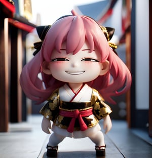 masterpiece, top quality, high resolution, PVC, render, chibi, high resolution, single woman, Anya Forger, pink hair, bob hair, Oiran, Kyoto background, gray eyes, smiling, selfish target, chibi, prohibition era city, smiling, grinning, self-satisfied, full body, chibi, 3D figure, toy, doll, character print, front view, natural light, ((realistic)) 1.2)), dynamic pose, medium movement, perfect cinematic perfect lighting, perfect composition, Anya Forger Spy x Family, , Oiran