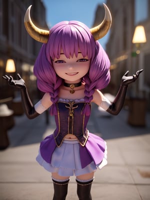 Masterpiece, highest quality, high resolution, PVC, rendering, chibi, high resolution, solo girl, aura the guillotine, long hair, (purple eyes:1.1), purple hair, braid, horns, twin braids, skirt, thighhighs, gloves, choker , black gloves, elbow gloves smile, selfish, chibi, smile, grin, self-righteousness, whole body , chibi, 3D figure, toy, doll, character print, front view, natural light, ((realistic)) quality: 1.2)), dynamic pose , Movie Perfect Lighting, Perfect Composition, Fantasy Cityscape Free Ren Light, ((Real)) ) Quality: 1.2)), Dynamic Pose, Cinematic Lighting, Perfect Composition, Aura of the Guillotine