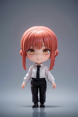 ((1 person)), Makima, Chainsaw Man, petite girl, full body, chibi, 3D figure girl,  beautiful girl with great detail, beautiful and delicate eyes, face with great detail, beautiful eyes, evil smile, dynamic beautiful pose, dynamic pose, makima, braided ponytail, ringed eyes, collared shirt, black necktie, black pants, natural light, ((real)) quality: 1.2), dynamic distance shot, cinematic lighting, perfect composition, super detail, official art, masterpiece, (best) quality: 1.3), reflection, high resolution CG Unity 8K wallpaper, detailed background, masterpiece, (photorealistic): 1.2), random angle, side angle, chibi, full body, mikdef, Enma Ai,makima,makimacsm