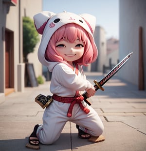 Masterpiece, Top Quality, High Resolution, PVC, Rendering, Chibi, High Resolution, 1 Girl, solo, Anya Forger, Pink Hair, Bob Hair, Japanese Warring States Period Samurai, Wearing Traditional Samurai Armor, pink Samurai Armor, holding sword, female action poses, Gray Eyes, Smile, Selfish Target, Chibi, Mediterranean Cityscape, Smile, Smile, Self-righteousness, Full Body, Chibi, 3D Figure, Toy, Doll, Character Print, Front View, Natural Light, ((Real)) 1.2)), dynamic pose, medium movement, perfect cinematic perfect lighting, perfect composition, anya_forger_spyxfamily, samurai,holding sword,armor,battoujutsu,Cuteselfiesposes,BnnBnn