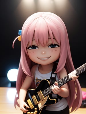 Masterpiece, highest quality, high resolution, PVC, rendering, chibi, high resolution, solo girl, hitori goto, BOCCHI THE ROCK!, playing the guitar, on stage, smiling, selfish, chibi, smile, grin, self-righteousness, whole body, chibi, 3D figure, toy, doll, character print, front view, natural light, ((real)) quality: 1.2)), dynamic pose, movie perfect lighting, perfect composition, light, ((real)) ) quality: 1.2)), Dynamic pose, cinematic lighting, perfect composition, Hitori Goto