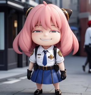 masterpiece, top quality, high resolution, PVC, render, chibi, high resolution, single woman, Anya Forger, pink hair, bob hair, police uniform, collared shirt, belt, blue skirt, blue necktie, gloves, grey eyes, smiling, selfish target, chibi, prohibition era streetscape, smiling, grinning, self-satisfied, full body, chibi, 3d figure, toy, doll, character print, front view, natural light, ((realistic)) 1.2)), dynamic pose, medium movement, perfect cinematic perfect lighting, perfect composition, Anya Forger spy x family, ValkyriePoliceStudent