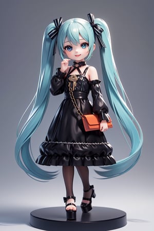 masterpiece, (realism: 1.2), ((1 person female)), Hatsune Miku, petite girl, full body, chibi, 3D figure girl, green hair, twin tails, beautiful girl with great detail, beautiful and delicate eyes, detailed face, beautiful eyes, xuer luxury brand fashion, evil smile, Chanel costume, heart, hair accessory, shoulder bag, dress, long sleeves, pantyhose, black ribbon, puffy sleeves, black footwear, mouth closed, red eyes, handbag, black dress, full body, white dress, shoes, platform shoes, standing, puffy long sleeves, blushing, holding, dynamic pose, gothic architecture, natural light, ((realistic) quality: 1.2), dynamic distance shot, cinematic lighting, perfect composition, super detail, official art, masterpiece, (best) quality: 1.3), reflection, high resolution CG Unity 8K wallpaper, detailed background, masterpiece, (realism: 1.2), random angle, side angle, chibi, full body, mikudef, lenticular flare, xuer luxury brand fashion