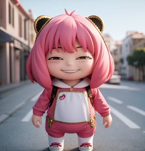 masterpiece,best quality,high resolution,pvc,rendering,chibi,high resolution,one girl,anya forger,pink hair,bob hair,brown bear costume,gray eyes,smiling,selfish target,chibi,mediterranean cityscape,smiling,smiling,smugness,full body,chibi,3d figure,toy,doll,character print,front view,natural light,((realistic)) 1.2)),dynamic pose,medium movement,perfect cinematic perfect lighting,perfect composition,costume,anya_forger_spyxfamily,,bear costume