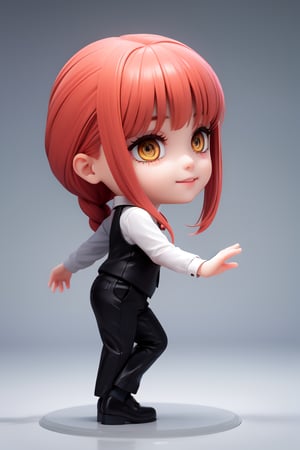 ((1 person)), Makima, Chainsaw Man, petite girl, full body, chibi, 3D figure girl,  beautiful girl with great detail, beautiful and delicate eyes, face with great detail, beautiful eyes, evil smile, dynamic beautiful pose, dynamic pose, makima, braided ponytail, ringed eyes, collared shirt, black necktie, black pants, natural light, ((real)) quality: 1.2), dynamic distance shot, cinematic lighting, perfect composition, super detail, official art, masterpiece, (best) quality: 1.3), reflection, high resolution CG Unity 8K wallpaper, detailed background, masterpiece, (photorealistic): 1.2), random angle, side angle, chibi, full body, mikdef, Enma Ai,makima,makimacsm