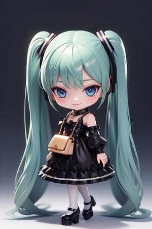 masterpiece, (realism: 1.2), ((1 person female)), Hatsune Miku, petite girl, full body, chibi, 3D figure girl, green hair, twin tails, beautiful girl with great detail, beautiful and delicate eyes, detailed face, beautiful eyes, xuer luxury brand fashion, evil smile, Chanel costume, heart, hair accessory, shoulder bag, dress, long sleeves, pantyhose, black ribbon, puffy sleeves, black footwear, mouth closed, red eyes, handbag, black dress, full body, white dress, shoes, platform shoes, standing, puffy long sleeves, blushing, holding, dynamic pose, gothic architecture, natural light, ((realistic) quality: 1.2), dynamic distance shot, cinematic lighting, perfect composition, super detail, official art, masterpiece, (best) quality: 1.3), reflection, high resolution CG Unity 8K wallpaper, detailed background, masterpiece, (realism: 1.2), random angle, side angle, chibi, full body, mikudef, lenticular flare, xuer luxury brand fashion