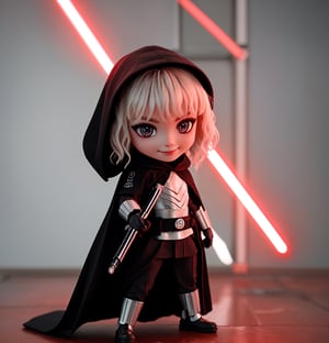 Masterpiece, highest quality, high resolution, PVC, rendering, chibi, high resolution, single girl, Shin Hati, ShinHati, single braid, side braid, cloak, robe, brown shirt, vambraces, black gloves, belt, Hood down, lightsaber , lightsaber in one hand, gray eyes, smile, selfish target, chibi, Star Wars World, Shin Hati, smile, smile, self-righteousness, whole body, chibi, 3D figure, toy, doll, character print, front view, natural light, (( Realistic)) Quality: 1.2)), Dynamic pose, Medium-movement, Cinematic perfect lighting, Perfect composition, Costume, ShinHait