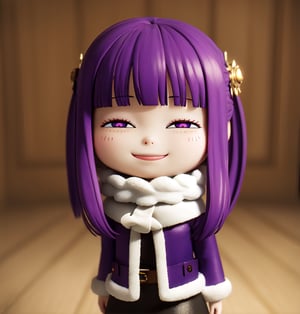 Masterpiece, highest quality, high resolution, PVC, rendering, chibi, high resolution, solo girl, fern, long hair, bangs, (purple eyes:1.1), purple hair, sidelocks, blunt bangs, (bright pupils:1.5), half updo , skirt, long sleeves, jacket, belt, scarf, coat, fur trim, black belt, smile, selfish target, chibi, mediterranean cityscape, smile, smile, self-righteousness, whole body, chibi, 3D figure, toy, doll, character Print, Front View, Natural Light, ((Real)) 1.2)), Dynamic Pose, Medium Movement, Perfect Cinematic Lighting, Perfect Composition, Fern, Frieren: Beyond Journey's End
