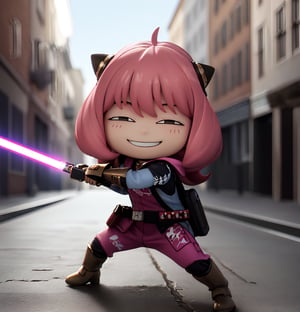 masterpiece, top quality, high resolution, PVC, render, chibi, high resolution, single woman, Anya Forger, pink hair, bob hair, Mandalorian costume, no helmet, pink Mandalorian armor, lightsaber, holding lightsaber, fighting stance, grey eyes, smiling, selfish target, chibi, prohibition era streetscape, smiling, grinning, self-satisfied, full body, chibi, 3d figure, toy, doll, character print, front view, natural light, ((realistic)) 1.2)), dynamic pose, medium movement, perfect cinematic perfect lighting, perfect composition, Anya Forger's Spy x Family, StarWMandalorian