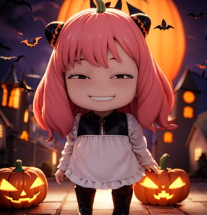 masterpiece, top quality, high resolution, PVC, render, chibi, high resolution, 1 girl, solo, anya_forger, pink hair, bob hair, halloween, halloween costume, jack-o-lantern, night and pumpkin theme, female action pose, grey eyes, smiling, selfish target, chibi, mediterranean cityscape, smiling, smiling face, smugness, full body, chibi, 3d figure, toy, doll, character print, front view, natural light, ((realistic)) 1.2)), dynamic pose, medium movement, perfect cinematic perfect lighting, perfect composition, anya_forger_spyxfamily, halloween, halloween costume, night sky