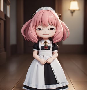 Masterpiece, highest quality, high resolution, PVC, rendering, chibi, high resolution, one girl, Anya Forger, pink hair, bob hair, maid, Victorian Maid Dress, bow, brooch, long dress, gray eyes, smile, Selfish Target, Chibi, Mediterranean Cityscape, Smile, Smile, Self-Justice, Full Body, Chibi, 3D Figure, Toy, Doll, Character Print, Front View, Natural Light, ((Real)) 1.2)), Dynamic Pose, Medium movement, perfect cinematic perfect lighting, perfect composition, Victorian Maid Dress, anya_forger_spyxfamily