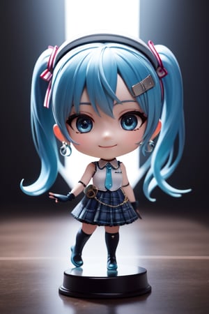 ((1 person)), Hatsune Miku, petite girl, full body, (chibi:1.3), 3D figure girl, green hair, twin tails, beautiful girl with great attention to detail, beautiful and delicate eyes, detailed face, beautiful eyes, wicked smile, y, SuiseiBase, plaid beret, crown, blue star choker, star earrings, blue ascot, plaid jacket, plaid skirt, layered skirt, partially fingerless gloves, star bracelet, uneven legwear, thigh strap, on stage, spotlights, , dynamic beautiful pose, dynamic pose, gothic architecture, natural light, ((realistic)) quality: 1.2), dynamic distance shot, cinematic lighting, perfect composition, super detail, official art, masterpiece, (best) quality: 1.3), reflection, high resolution CG Unity 8K wallpaper, detailed background, masterpiece, (photorealistic): 1.2), random angle, chibi, full body, mikdef,READ THE DESCRIPTION