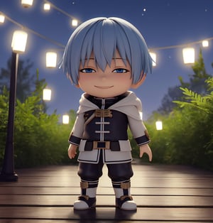 Masterpiece, highest quality, high resolution, PVC, rendering, chibi, high resolution, solo boy, himmel_sousou_no_frieren, blue hair, blue eyesr, side locks, , smiling, selfish target, chibi, full moon night, full moon in the background, night Castle, Smile, Smile, Self-righteousness, Full Body, Chibi, 3D Figure, Toy, Doll, Character Print, Front View, Natural Light, ((Real)) 1.2)), Dynamic Pose, Medium Movement, Perfect Movie-like Beautiful lighting, perfect composition, ferns, free leaves: beyond the end of the journey,himmel_sousou_no_frieren