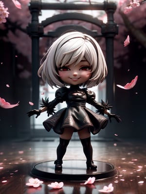 Masterpiece, highest quality, high resolution, PVC, rendering, chibi, high resolution, solo girl, 2B, NieR:Automata, gothic dress, silver hair, bob hair, smile, selfish, (chibi: 1.3), smile, grin, self-righteousness , Full Body , Chibi, 3D Figure, Cherry Blossoms, Cherry Blossom Petals Dancing, Cherry Blossom Snowstorm, Toys, Dolls, Character Print, Front View, Natural Light, ((Real)) Quality: 1.2)), Dynamic Poses, Cinematic Lighting , perfect composition,, motoko2045wz