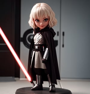 Masterpiece, highest quality, high resolution, PVC, rendering, chibi, high resolution, single girl, Shin Hati, ShinHati, single braid, side braid, cloak, robe, brown shirt, vambraces, black gloves, belt, Hood down, lightsaber , lightsaber in one hand, gray eyes, smile, selfish target, chibi, Star Wars World, Shin Hati, smile, smile, self-righteousness, whole body, chibi, 3D figure, toy, doll, character print, front view, natural light, (( Realistic)) Quality: 1.2)), Dynamic pose, Medium-movement, Cinematic perfect lighting, Perfect composition, Costume, ShinHait
