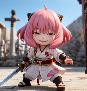 Masterpiece, Top Quality, High Resolution, PVC, Rendering, Chibi, High Resolution, 1 Girl, solo, Anya Forger, Pink Hair, Bob Hair, Japanese Warring States Period Samurai, Wearing Traditional Samurai Armor, pink Samurai Armor, holding sword, female action poses, Gray Eyes, Smile, Selfish Target, Chibi, Mediterranean Cityscape, Smile, Smile, Self-righteousness, Full Body, Chibi, 3D Figure, Toy, Doll, Character Print, Front View, Natural Light, ((Real)) 1.2)), dynamic pose, medium movement, perfect cinematic perfect lighting, perfect composition, anya_forger_spyxfamily, samurai,holding sword,armor,battoujutsu,Cuteselfiesposes