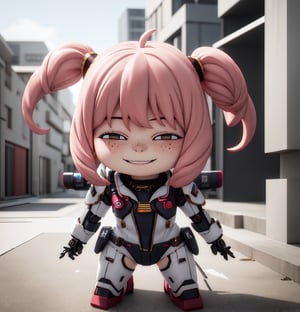 masterpiece, best quality, high resolution, PVC, render, chibi, high resolution, 1 girl, anya forger, pink hair, bob hair, electric surge effect, ear_piercing, zipper, freckles, strap, urban techwear, outfit, grey eyes, smiling, selfish target, chibi, cyberpunk cityscape, smiling, smiling, selfish, full body, chibi, 3d figure, toy, doll, character print, front view, natural light, ((realistic)) 1.2), dynamic pose, medium movement, perfect cinematic perfect lighting, perfect composition, anya_forger_spyxfamily, 1 girl,mecha_musume,metal,mechanical