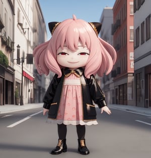 masterpiece, (realism: 1.2), top quality, high resolution, 3D, PVC, Figure, render, chibi, high resolution, single girl, Anya Forger, pink hair, bob hair, xuer Luxury brand fashion,  gray eyes, smiling, selfish target, chibi, Louis Vuitton costume,  bag,long sleeves,dress,pantyhose,black bow,puffy sleeves,black footwear,closed mouth,red eyes,handbag,black dress,full body,jacket,standing,black jacket,flower,building,Mediterranean cityscape, smiling, smiling, self-righteousness, full body, chibi, 3D figure, toy, doll, character print, front view, natural light, ((realistic)) 1.2)), dynamic pose, medium movement, perfect cinematic perfect lighting, perfect composition, anya_forger_spyxfamily, , xuer Luxury brand fashion