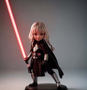 Masterpiece, highest quality, high resolution, PVC, rendering, chibi, high resolution, single girl, Shin Hati, ShinHati, single braid, side braid, cloak, robe, brown shirt, vambraces, black gloves, belt, Hood down, lightsaber , (holding a lightsaber with one hand: 1.4), gray eyes, smile, selfish target, chibi, Star Wars World, Shin Hati, smile, smile, self-righteousness, whole body, chibi, 3D figure, toy, doll, character print, Front view, natural light, ((real)) quality: 1.2)), dynamic pose, medium-movement, perfect cinematic lighting, perfect composition, costume, ShinHait