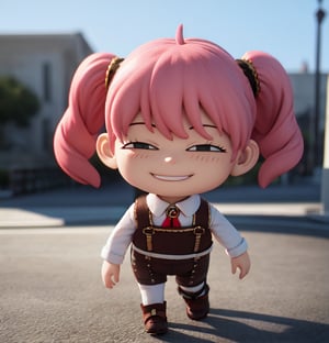 masterpiece, top quality, high resolution, PVC, render, chibi, high resolution, 1 girl, solo, Anya Forger, pink hair, bob hair, Lederhosen morning on the way to school, walking, grey eyes, smiling, selfish target, chibi, smiling, smiling, smug, full body, chibi, 3d figure, toy, doll, character print, front view, natural light, ((realistic)) 1.2)), dynamic pose, medium movement, perfect cinematic perfect lighting, perfect composition, anya_forger_spyxfamily, Cuteselfiesposes