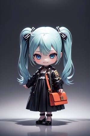 ((1 female)), Hatsune Miku, petite girl, full body, chibi, 3D figure little girl, green hair, twintails, beautiful girl with attention to detail, beautiful delicate eyes, detailed face, beautiful eyes,xuer Luxury brand fashion, evil grin,  Louis Vuitton costume,  bag,long sleeves,dress,pantyhose,black bow,puffy sleeves,black footwear,closed mouth,red eyes,handbag,black dress,full body,jacket,standing,black jacket,flower,building,puffy long sleeves,blush,holding, dynamic pose, gothic architecture, natural light, ((real)) Quality: 1.2 )), Dynamic Distance Shot, Cinematic Lighting, Perfect Composition, Super Detail, Official Art, Masterpiece, (Best) Quality: 1.3), Reflections, High Resolution CG Unity 8K Wallpaper , Detailed Background, Masterpiece, ( Photorealistic): 1.2), random angle, side angle, chibi, whole body, mikdef,wrenchfaeflare,xuer Luxury brand fashion