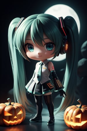 ((1 person)), Hatsune Miku, petite girl, full body, (chibi:1.6), 3D figure girl, green hair, twin tails, beautiful girl with great detail, beautiful and delicate eyes, detailed face, beautiful eyes, evil smile, capelet, Z1L4, Halloween tech, sci-fi, night and jack-o-lantern theme, Halloween night, dynamic beautiful pose, dynamic pose, gothic architecture, natural light, ((realistic)) quality: 1.2), dynamic distance shot, cinematic lighting, perfect composition, super detail, official art, masterpiece, (best) quality: 1.3), reflection, high resolution CG Unity 8K wallpaper, detailed background, masterpiece, (photorealistic): 1.2), random angle, chibi, full body, mikdef, read description, capelet, Z1L4, Halloween tech, sci-fi, supernatural green, creepy