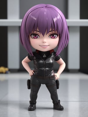 Masterpiece, highest quality, high resolution, PVC, rendering, chibi, high resolution, single girl, Motoko Kusanagi, Ghost in the Shell, trench coat, pink hair, bob hair, smile, selfish, chibi, smile, grin, self justice, full body , Chibi, 3D Figure, Toy, Doll, Character Print, Front View, Natural Light, ((Real)) Quality: 1.2)), Dynamic Pose, Cinematic Lighting, Perfect Composition, motoko2045wz