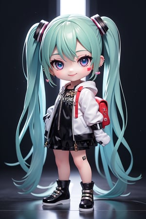 masterpiece, (realism: 1.2), ((1 person female)), Hatsune Miku, petite girl, full body, chibi, 3D figure girl, green hair, twin tails, beautiful girl with great detail, beautiful and delicate eyes, detailed face, beautiful eyes, xuer luxury brand fashion, evil smile, Gucci costume, backpack,chain,bag,sticker,, long sleeves, pantyhose, black ribbon, puffy sleeves, hood,gloves,jewelry,purple eyes,bandaid on nose, full body, black gloves,earrings,mouth hold,long sleeves,multicolored black gloves,earrings,mouth hold,long sleeves,multicolored hair,heart,jacket,ear piercing,hood, dynamic pose, stuffed animal,teddy bear,piercing, natural light, ((realistic) quality: 1.2), dynamic distance shot, cinematic lighting, perfect composition, super detail, official art, masterpiece, (best) quality: 1.3), reflection, high resolution CG Unity 8K wallpaper, Colorful background,splash of colormasterpiece, (realism: 1.2), random angle, side angle, chibi, full body, mikudef, lenticular flare, xuer luxury brand fashion