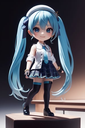 ((1 person)), Hatsune Miku, petite girl, full body, (chibi:1.3), 3D figure girl, green hair, twin tails, beautiful girl with great attention to detail, beautiful and delicate eyes, detailed face, beautiful eyes, wicked smile, y, SuiseiBase, plaid beret, crown, blue star choker, star earrings, blue ascot, plaid jacket, plaid skirt, layered skirt, partially fingerless gloves, star bracelet, uneven legwear, thigh strap, on stage, spotlights, , dynamic beautiful pose, dynamic pose, gothic architecture, natural light, ((realistic)) quality: 1.2), dynamic distance shot, cinematic lighting, perfect composition, super detail, official art, masterpiece, (best) quality: 1.3), reflection, high resolution CG Unity 8K wallpaper, detailed background, masterpiece, (photorealistic): 1.2), random angle, chibi, full body, mikdef,READ THE DESCRIPTION