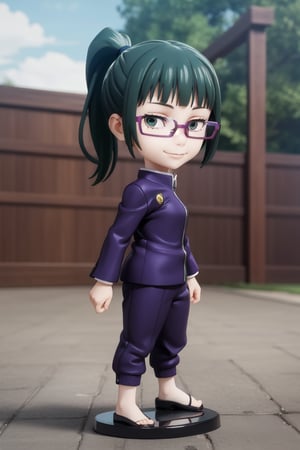 ((1 person)), zenin_maki, Jujutsu Kaisen, petite girl, full body, chibi, 3D figure girl,  beautiful girl with great detail, beautiful and delicate eyes, face with great detail, beautiful eyes, evil smile, dynamic beautiful pose, dynamic pose, zenin_maki, green hair, brown eyes, ponytail, glasses, bangs, jujutsu_uniform, natural light, ((real)) quality: 1.2), dynamic distance shot, cinematic lighting, perfect composition, super detail, official art, masterpiece, (best) quality: 1.3), reflection, high resolution CG Unity 8K wallpaper, detailed background, masterpiece, (photorealistic): 1.2), random angle, side angle, chibi, full body, mikdef, Enma Ai,makima,makimacsm,zenin_maki,purple jacket