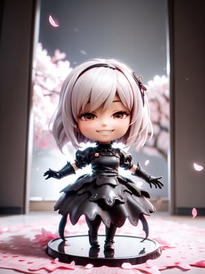 Masterpiece, highest quality, high resolution, PVC, rendering, chibi, high resolution, solo girl, 2B, NieR:Automata, wedding dress, silver hair, bob hair, smile, selfish, chibi, smile, grin, self-righteousness, overall body, chibi, 3D Figure, cherry blossoms, dancing cherry blossom petals, cherry blossom snowstorm, toy, doll, character print, front view, natural light, ((real) quality: 1.2)), dynamic pose, cinematic lighting, perfect composition,, motoko2045wz