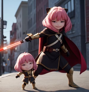 masterpiece, top quality, high resolution, PVC, render, chibi, high resolution, single woman, Anya Forger, pink hair, bob hair,  ShinHati, single braid, side braid, hood up, cape, robe, vambraces, black gloves, belt, holding orange lightsaber, fighting stance, brown shirt, greaves, grey eyes, smiling, selfish target, chibi, prohibition era streetscape, smiling, grinning, self-satisfied, full body, chibi, 3d figure, toy, doll, character print, front view, natural light, ((realistic)) 1.2)), dynamic pose, medium movement, perfect cinematic perfect lighting, perfect composition, Anya Forger spy x family, ShinHait