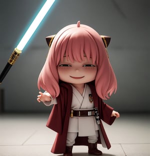 Masterpiece, Top Quality, High Resolution, PVC, Rendering, Chibi, High Resolution, Single Girl, Anya Forger, Pink Hair, Bob Hair, Jedi Costume, Robe,, Belt, Hood Down, Green Lightsaber, Lightsaber in Hand , gray eyes, smile, selfish target, chibi, Star Wars World, Shin Hati, smile, smile, self-righteousness, full body, chibi, 3D figure, toy, doll, character print, front view, natural light, ((Realistic)) Quality: 1.2)), dynamic pose, medium movement, perfect cinematic lighting, perfect composition, costume, Jedi robes, anya_forger_spyxfamily,JediOutfit,in jedioutfit