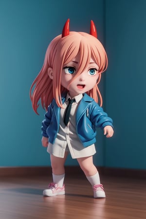 ((1 person)), power, chainsaw man, chibi, petite girl, full body, chibi, 3d figure girl, beautiful girl with great detail, beautiful and delicate eyes, face with great detail, beautiful eyes, wicked smile, dynamic and beautiful pose, fighting stance, dynamic pose, red horns, white collared shirt, blue jacket, open mouth, white shirt, black necktie, pink hair, collared shirt,, natural light, ((realistic)) quality: 1.2), dynamic distance shot, cinematic lighting, perfect composition, super detailed, official art, masterpiece, (best) quality: 1.3), reflection, high resolution CG Unity 8K wallpaper, detailed background, masterpiece, (photorealistic): 1.2), random angle, side angle, chibi, full body, mikdef, power_chainsawman, anime_style, EFT_Power