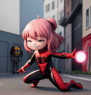 masterpiece, best quality, high resolution, PVC, render, chibi, high resolution, single woman, Anya Forger, pink hair, bob hair, spider_oc, Black and white spiderman suit, no mask, graffiti background, grey eyes, smiling, selfish target, fighting stance, Glowing neon effects, chibi, prohibition era city, smiling, grinning, self-satisfied, full body, chibi, 3d figure, toy, doll, character print, front view, natural light, ((realistic)) 1.2)), dynamic pose, medium movement, perfect cinematic perfect lighting, perfect composition, Anya Forger Spy x Family, , spider_oc